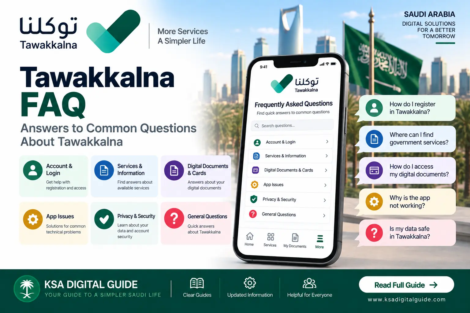 Tawakkalna FAQ guide covering common questions about registration, services, digital documents, app issues and account security in Saudi Arabia
