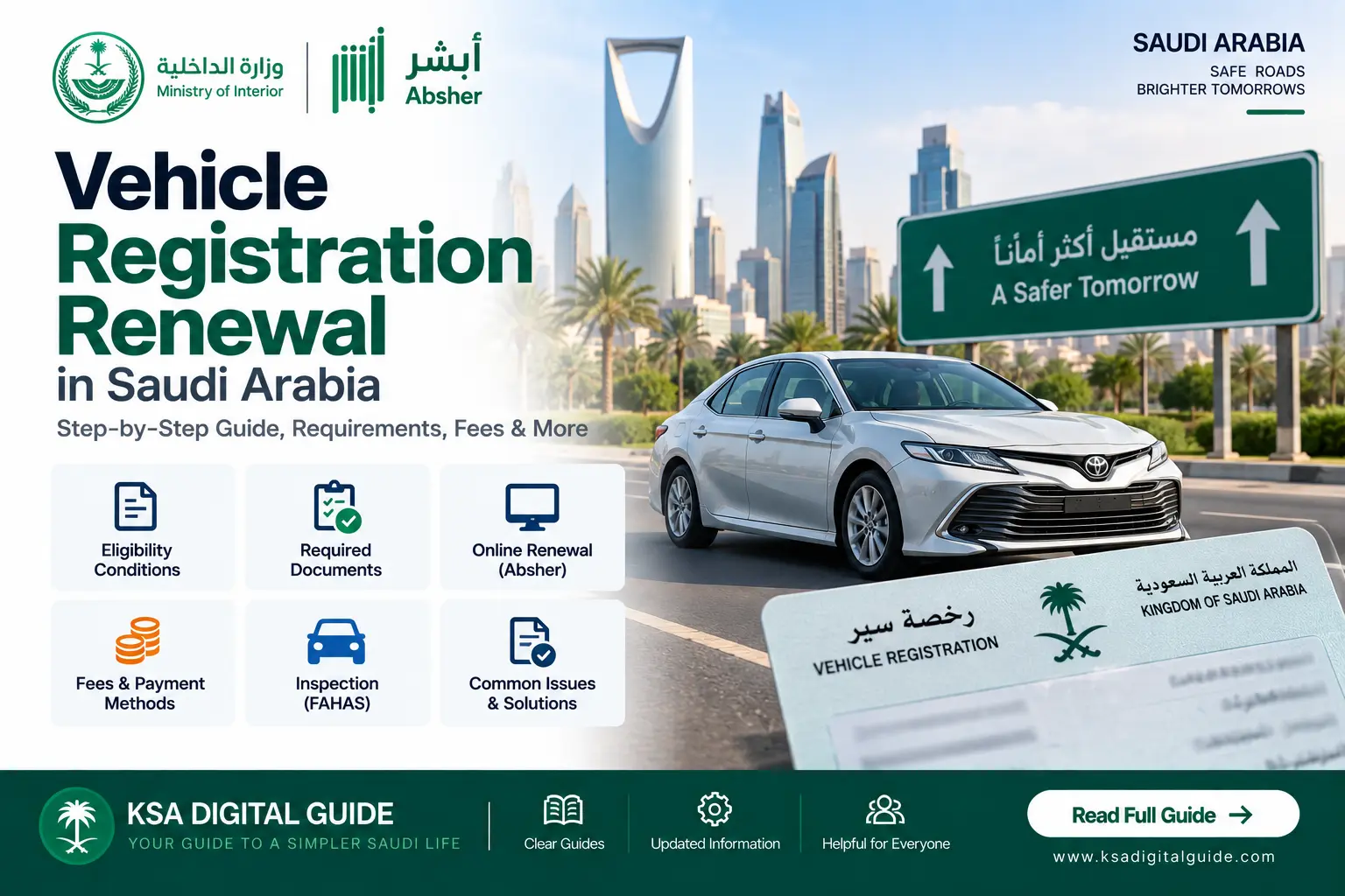 Vehicle registration renewal in Saudi Arabia through Absher with eligibility, requirements, payment and vehicle inspection information