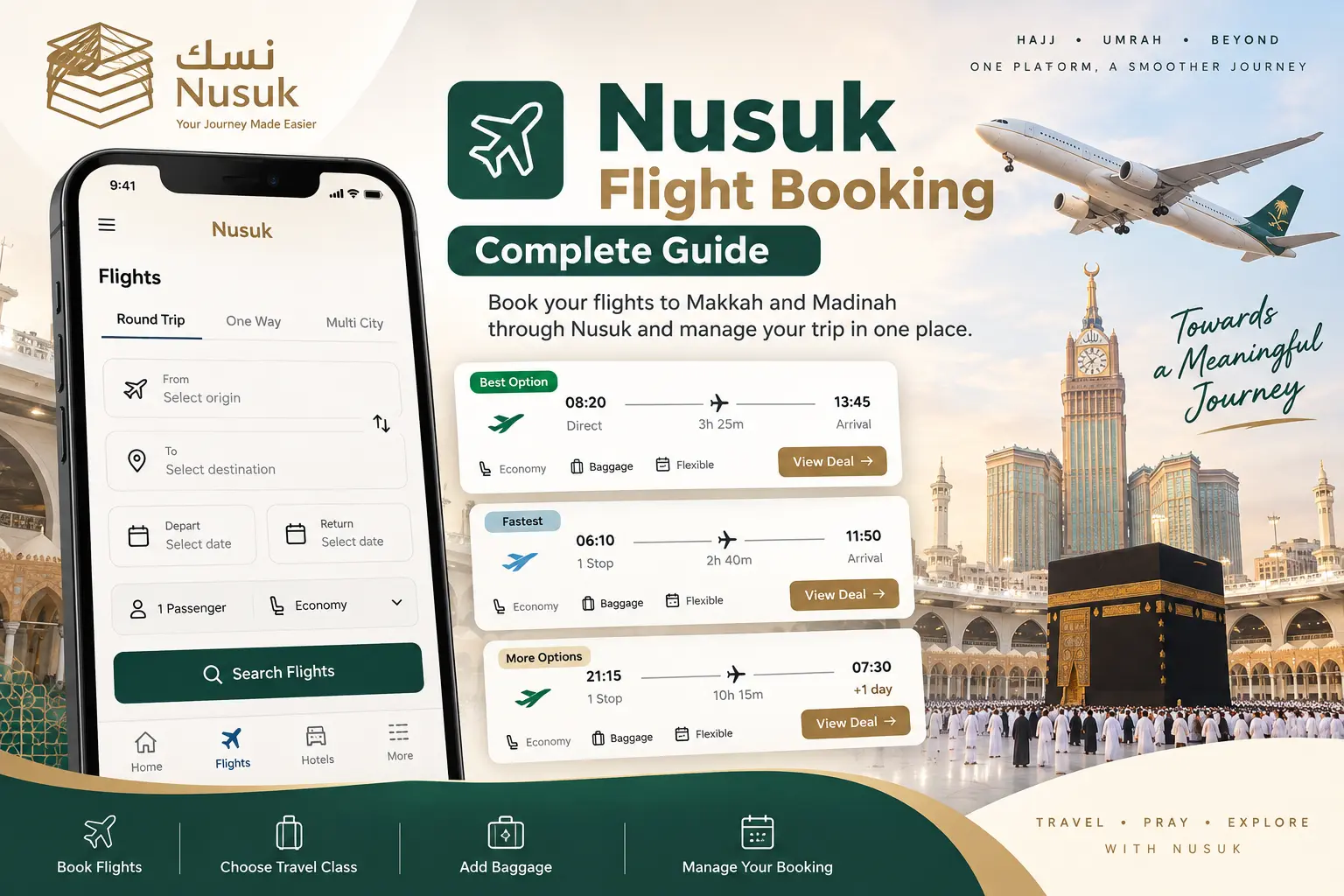 Nusuk flight booking guide showing flight search, travel options and booking through the Nusuk app