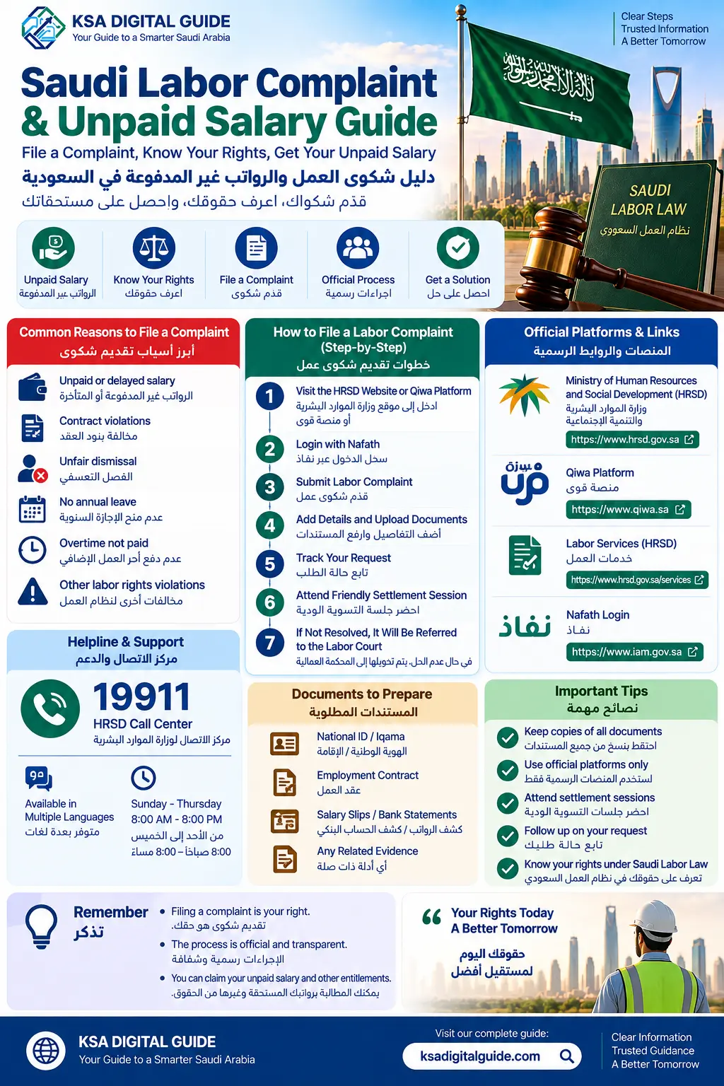 Saudi labor complaint and unpaid salary infographic in English and Arabic showing complaint steps, HRSD support, required documents and official platforms