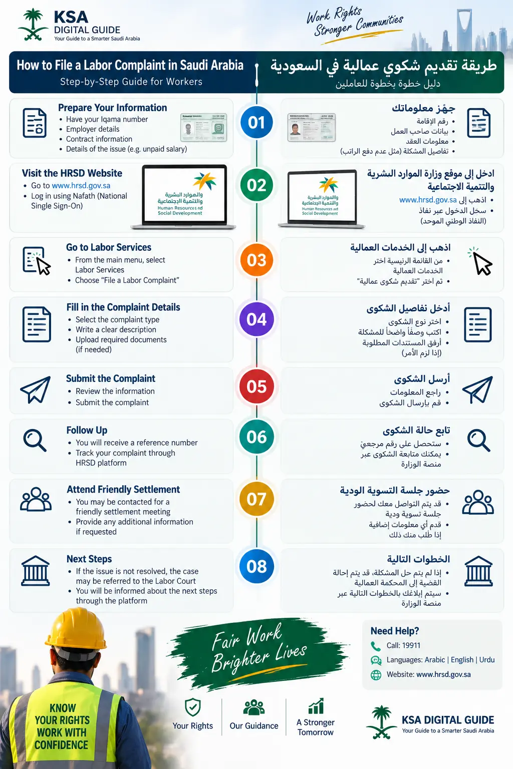 Saudi worker rights infographic in English and Arabic covering labor complaint steps